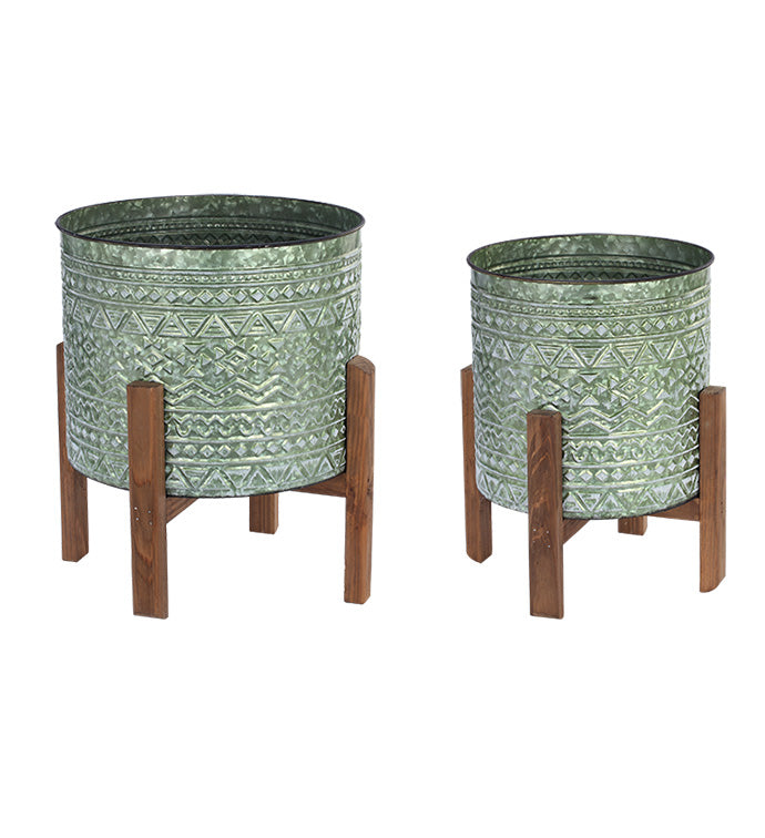 Planter, Metal/Wood, Emboss Tree On Stand