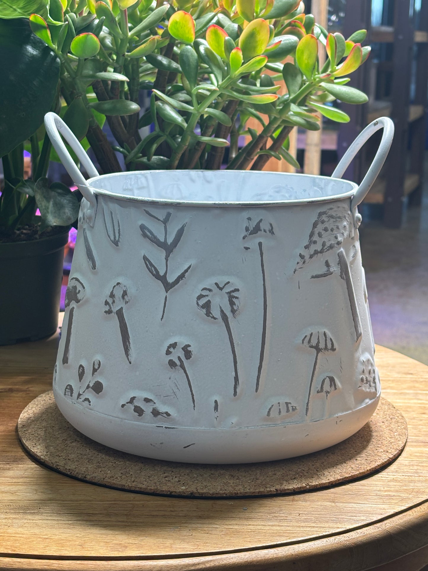 Planter, Metal, Embossed Mushrooms