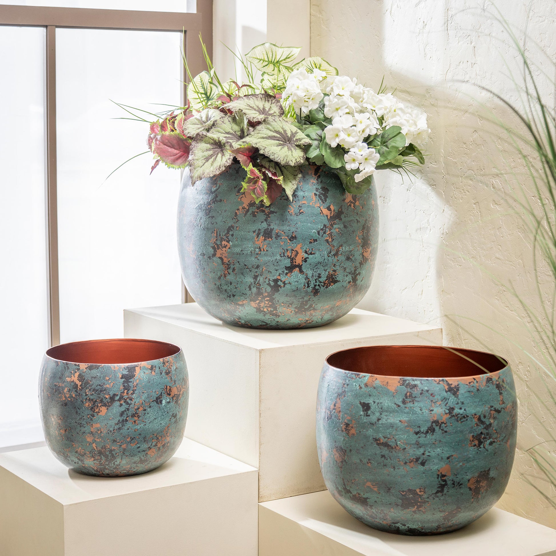 copper planter pots Planter, Metal, Oxidized Copper – Passiglia Landscape, Nursery & Garden Center
